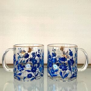 2pc Hand Painted Clear Glass Mugs Blue Floral Rhinestone Butterflies New